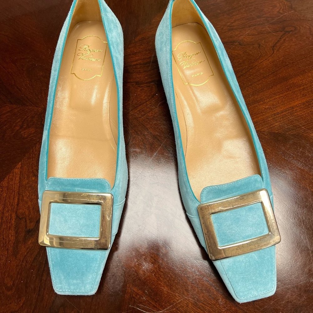Roger Vivier Blue Suede Ballet Flats with Gold Buckle
